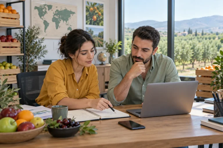 Ofiste SEO çalışma planını değerlendiren iki danışman — temsili görsel